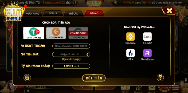 Có nhiều hình thức rút tiền tại Hitclub